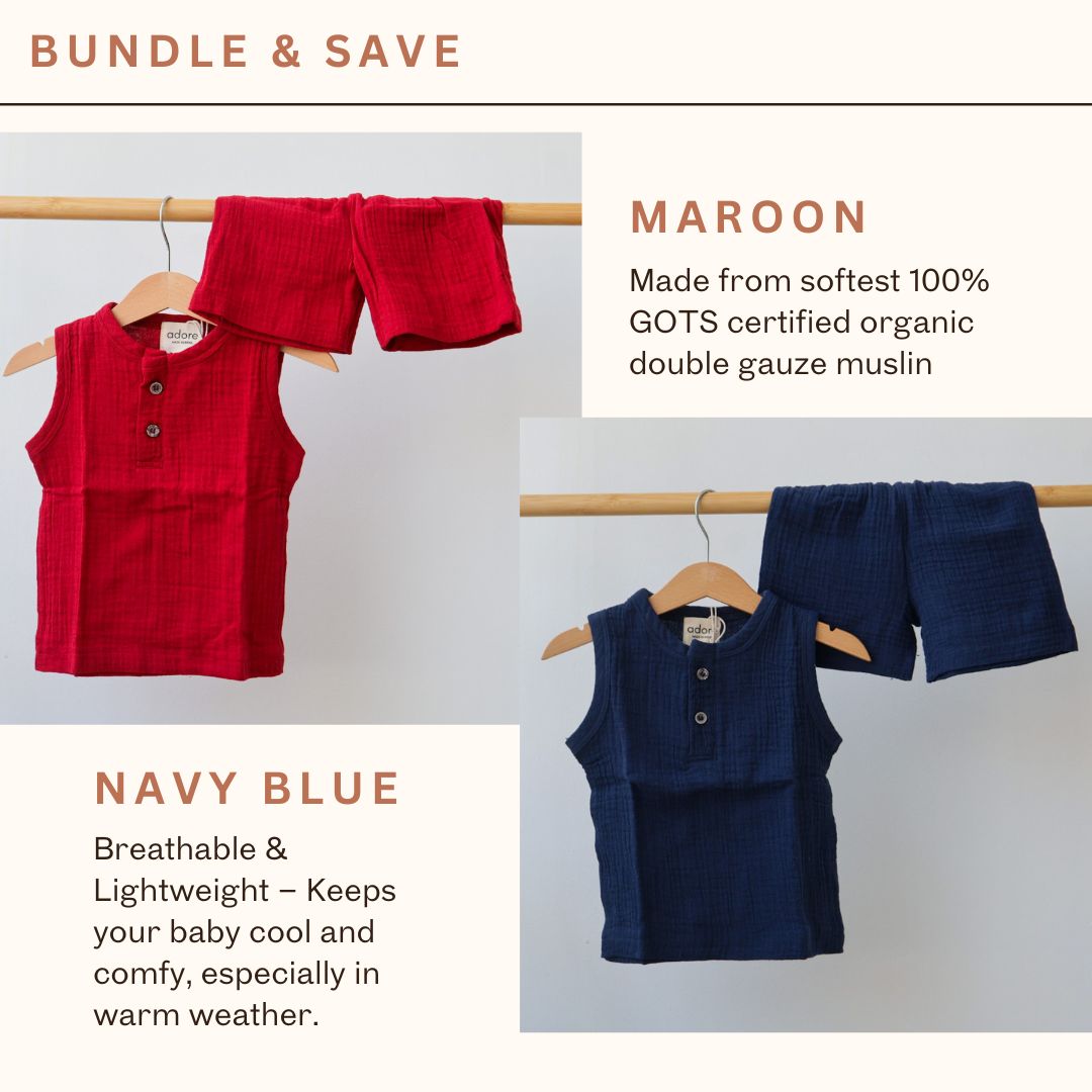 100% Organic Muslin T-Shirt & Shorts | Maroon & Navy Blue Combo