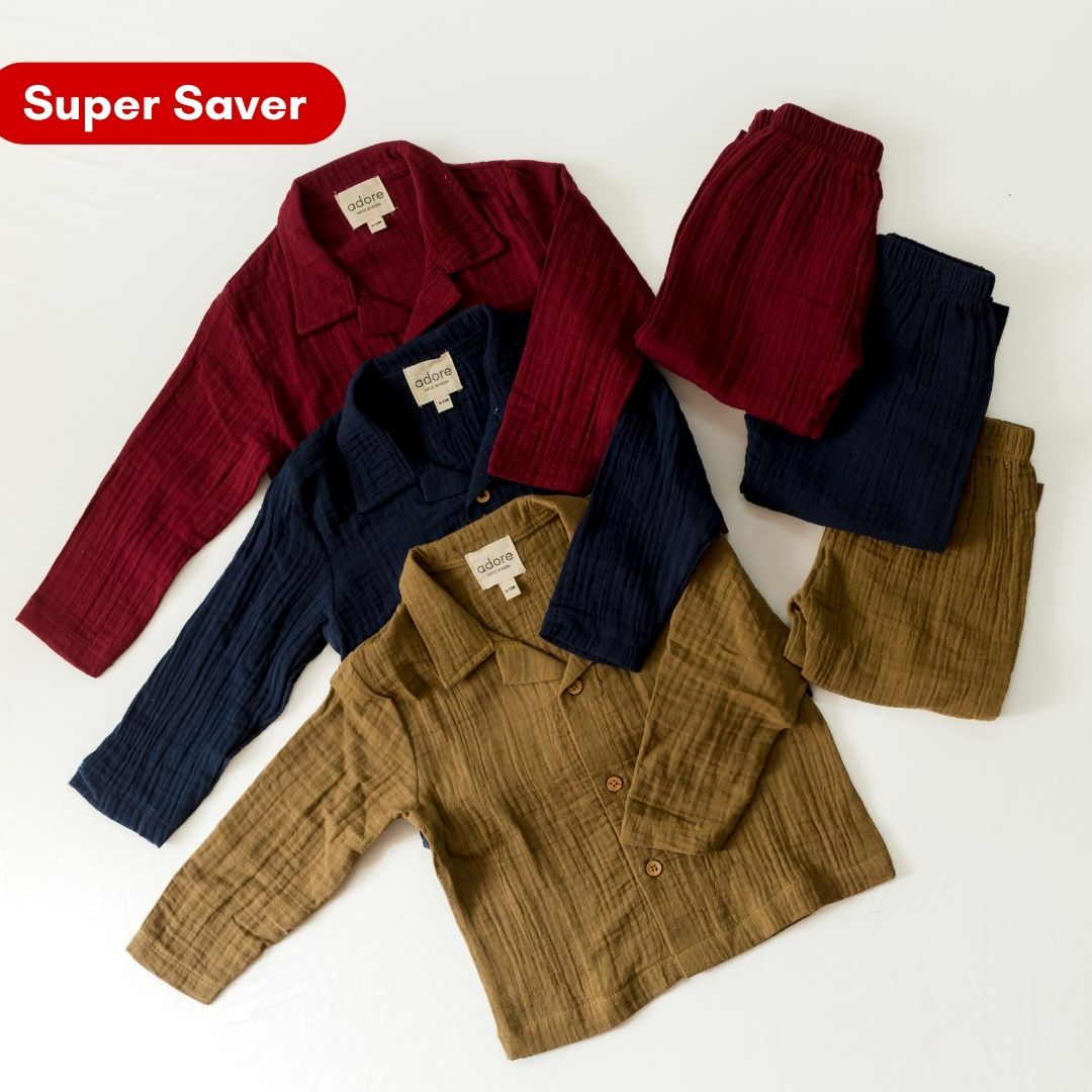 Adore – Muslin Double Gauze Organic Cotton Loungewear | Set of 3 | Maroon, Cocoa Delight & Navy Blue