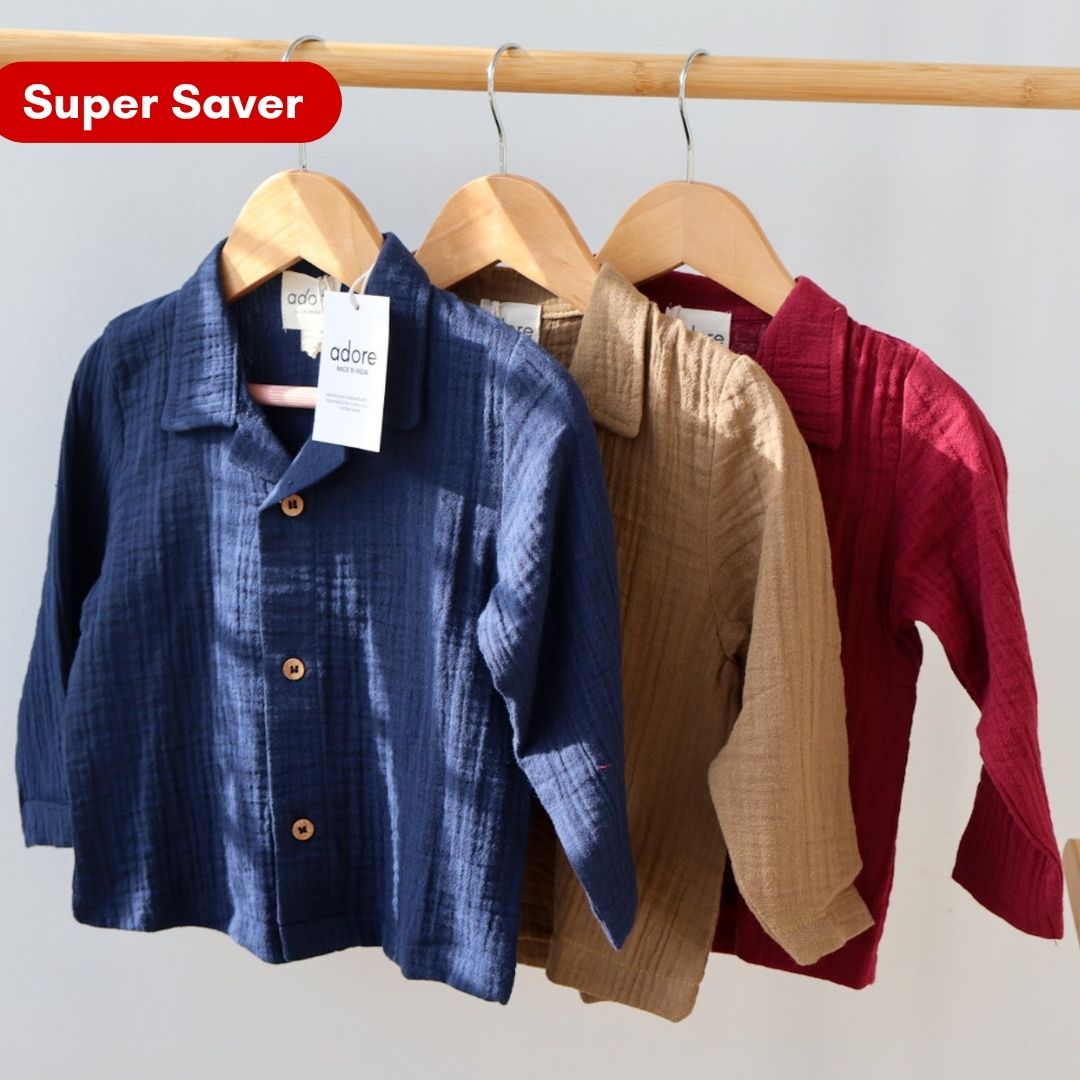 Adore – Muslin Double Gauze Organic Cotton Loungewear | Set of 3 | Maroon, Cocoa Delight & Navy Blue