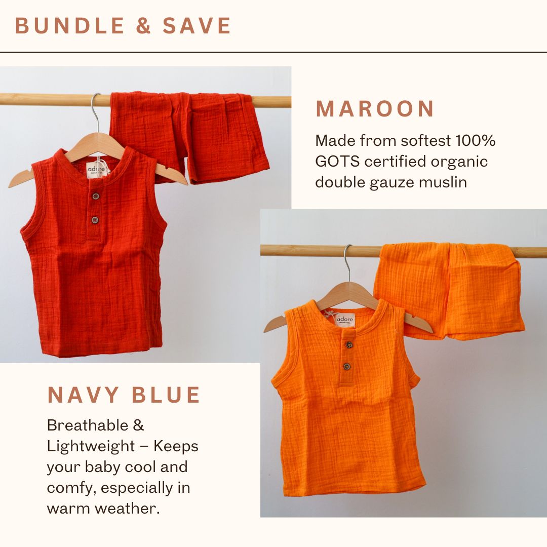 100% Organic Muslin T-Shirt & Shorts | Mustard & Rust
