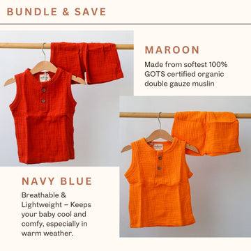 100% Organic Muslin T-Shirt & Shorts | Mustard & Rust