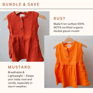100% Organic Muslin Frocks | Mustard & Rust | Set of 2