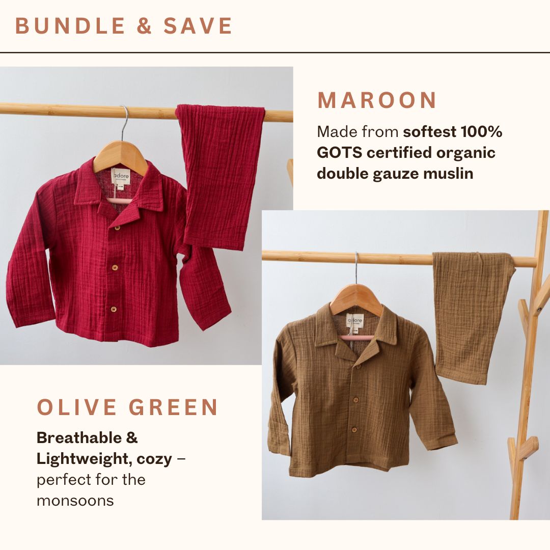 Adore – Muslin Double Gauze Organic Cotton Loungewear | Set of 2 | Maroon & Cocoa Delight