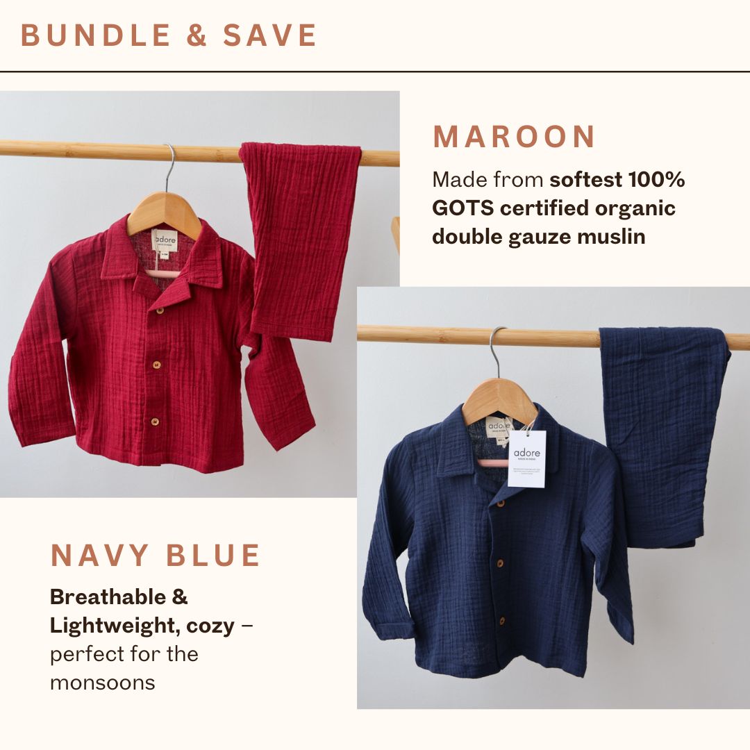 Adore – Muslin Double Gauze Organic Cotton Loungewear | Set of 2 | Maroon & Navy Blue