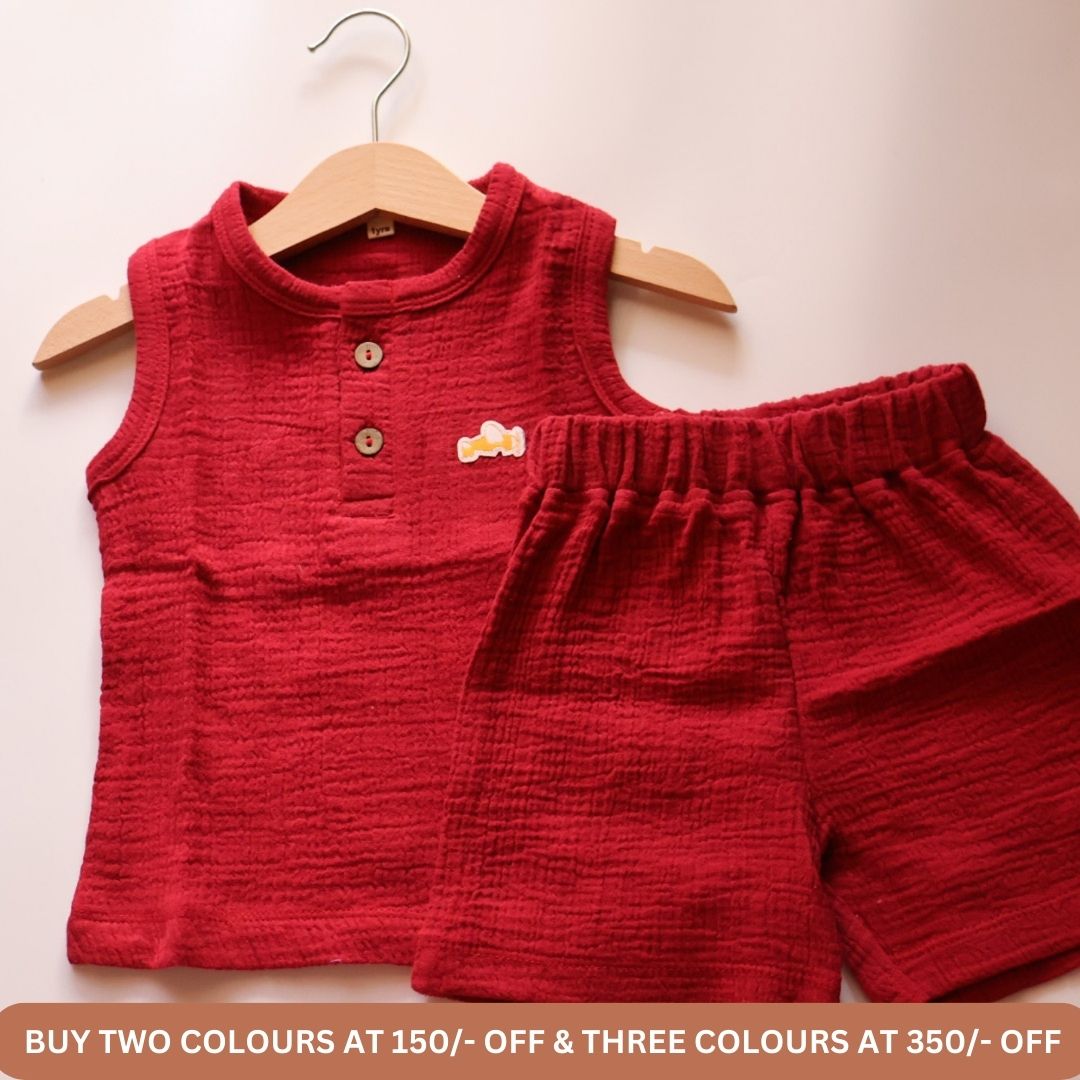 100% Organic Muslin T-Shirt & Shorts | Maroon & Navy Blue Combo