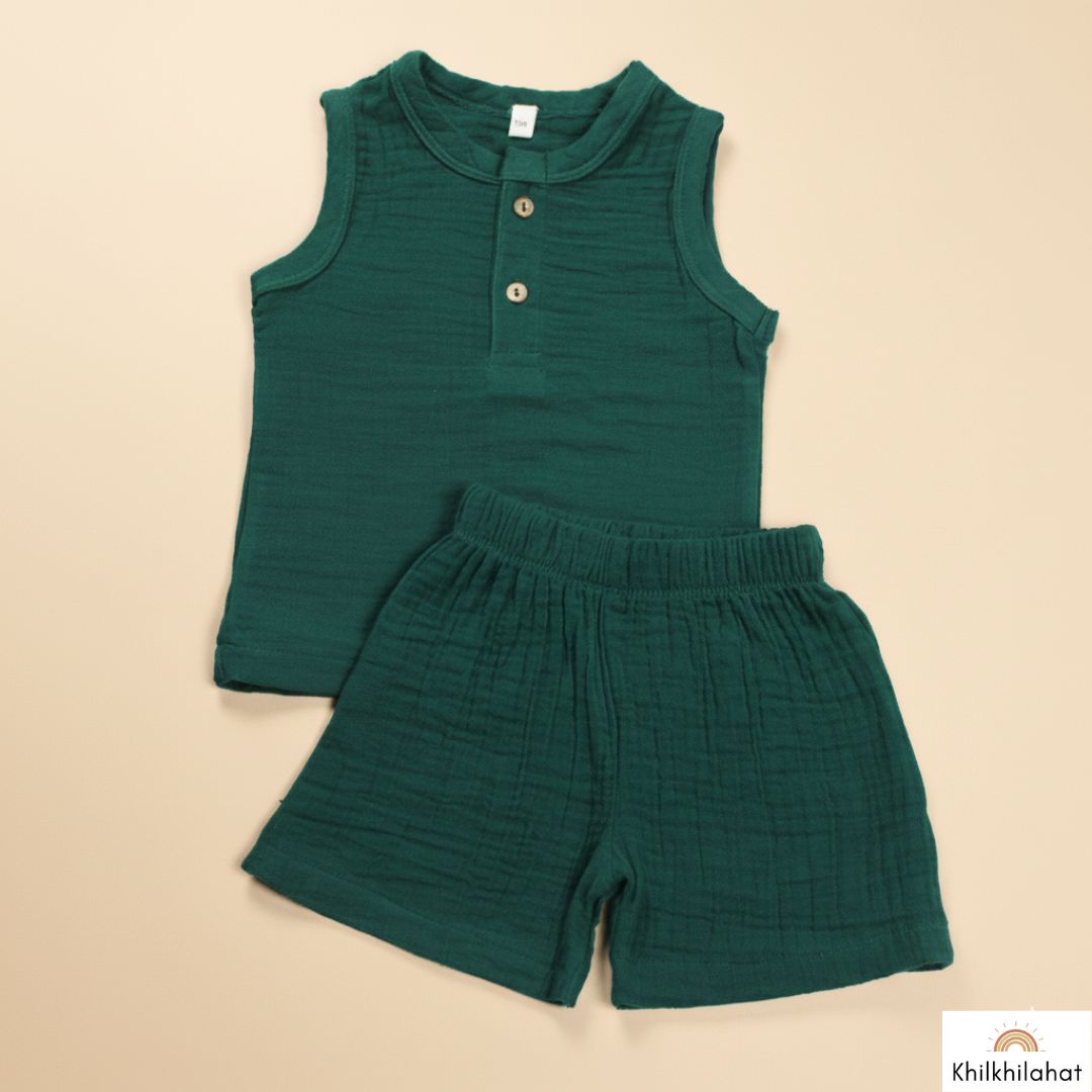 100% Organic Muslin T-Shirt & Shorts | Olive Green