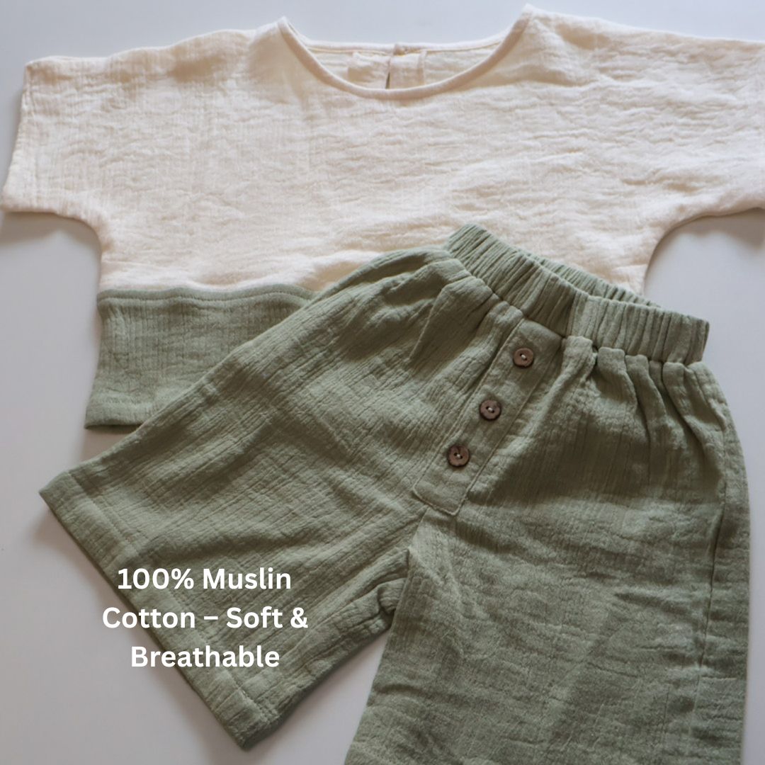 Gender-Neutral Muslin T-Shirt & Shorts Set | Off-White & Mint Green