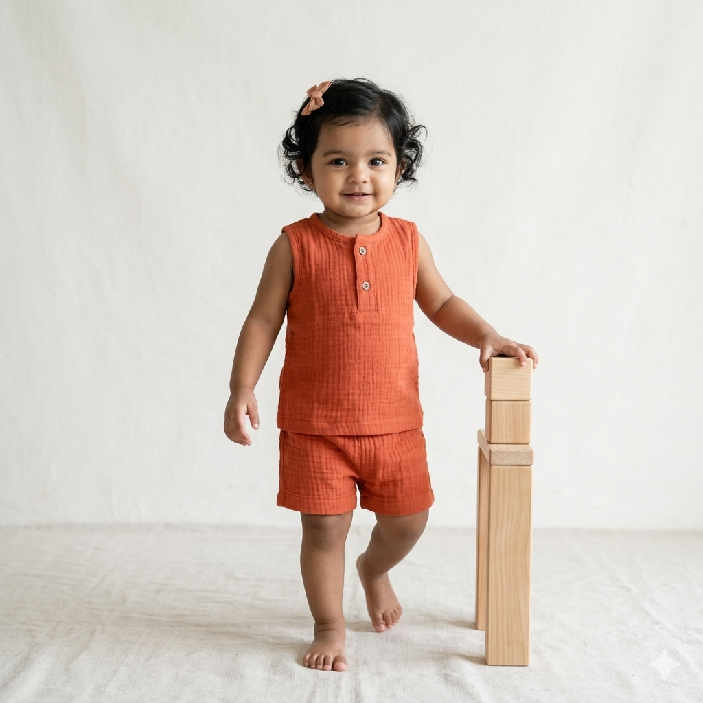 100% Organic Muslin T-Shirt & Shorts | Peach