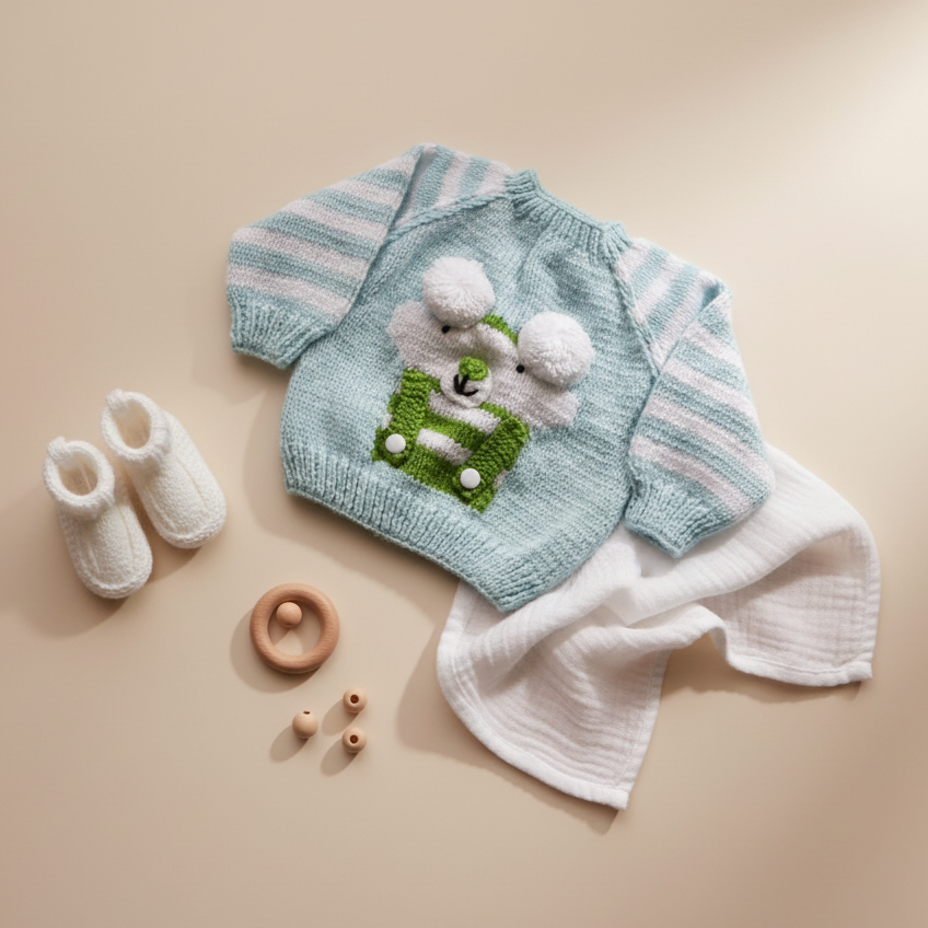 Knitted baby sweater with teddy bear design, white booties, and wooden rings on a beige background