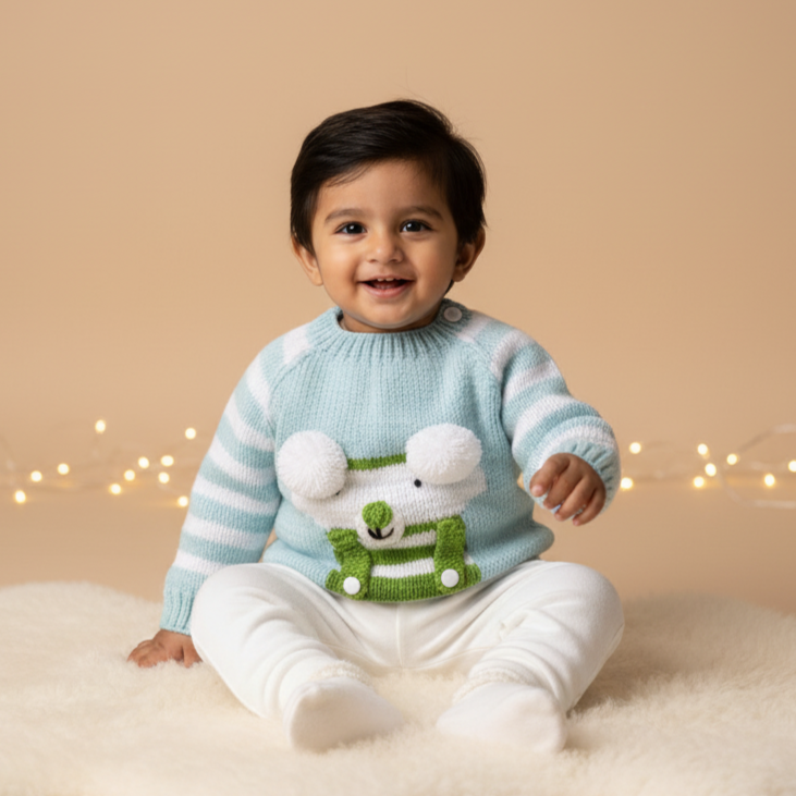 Knitted baby sweater with teddy bear design, white booties, and wooden rings on a beige background
